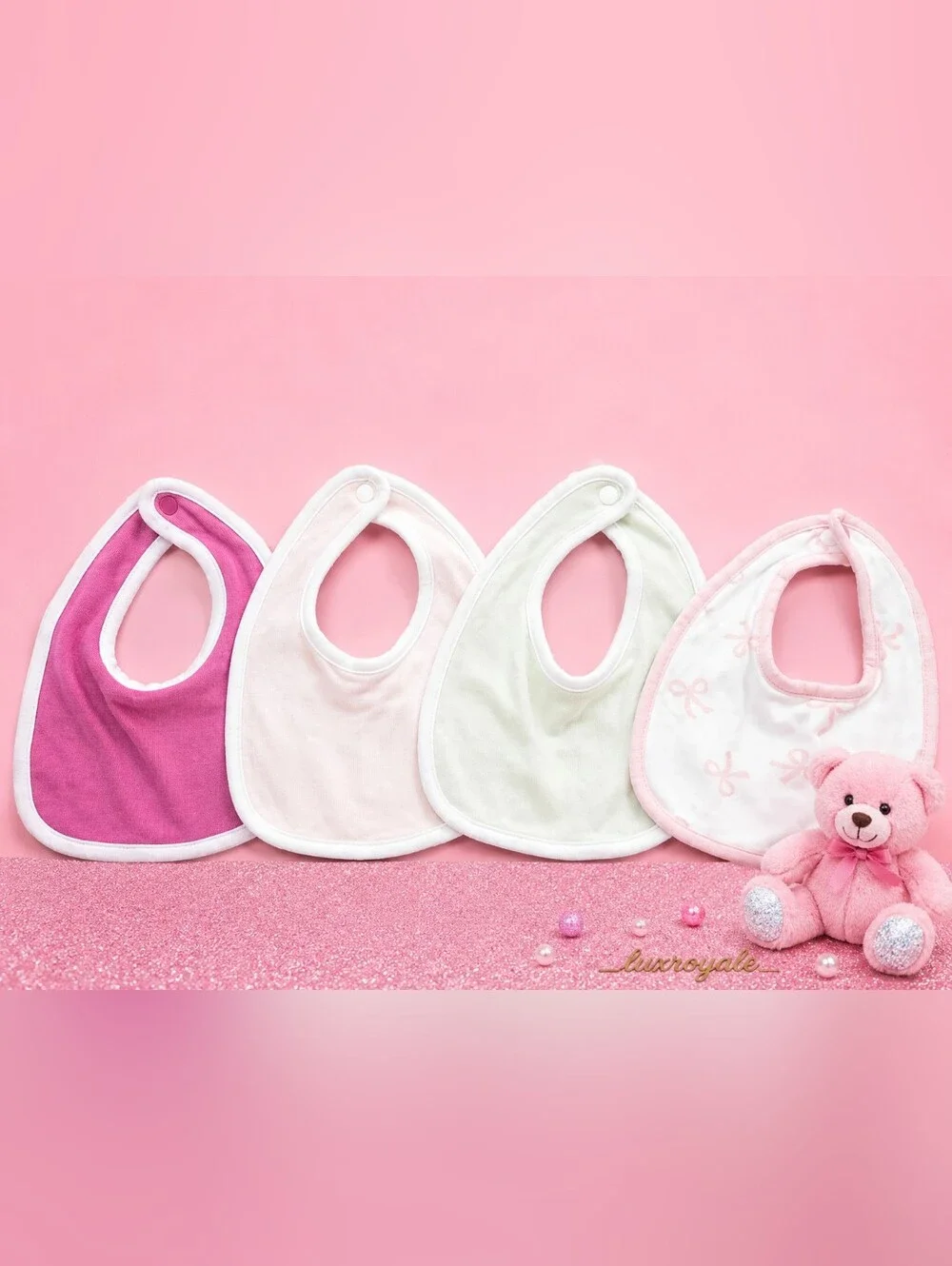 Baby Bib Set of 4 Soft Cotton Feeding Bibs Pink Green Bow Print One Size